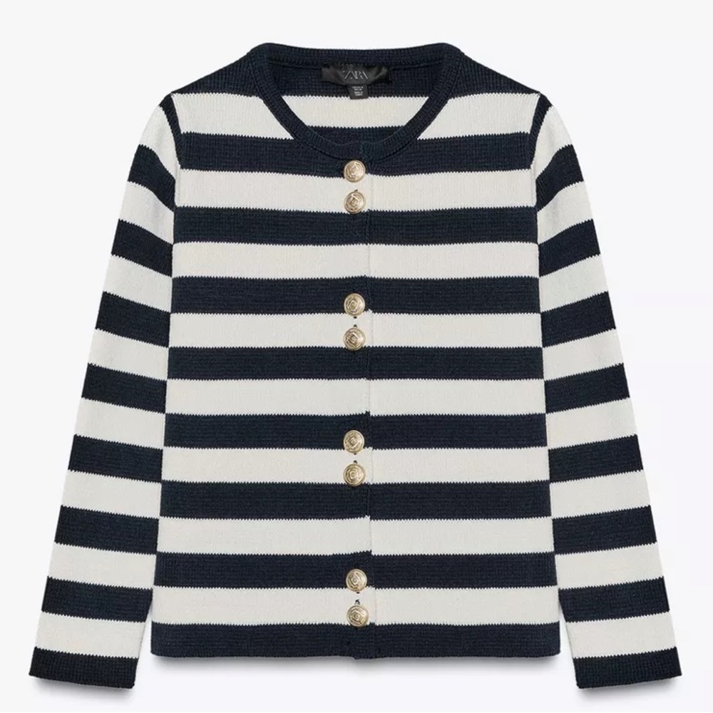 Zara Navy and White Striped Cardigan with Gold Buttons | S
